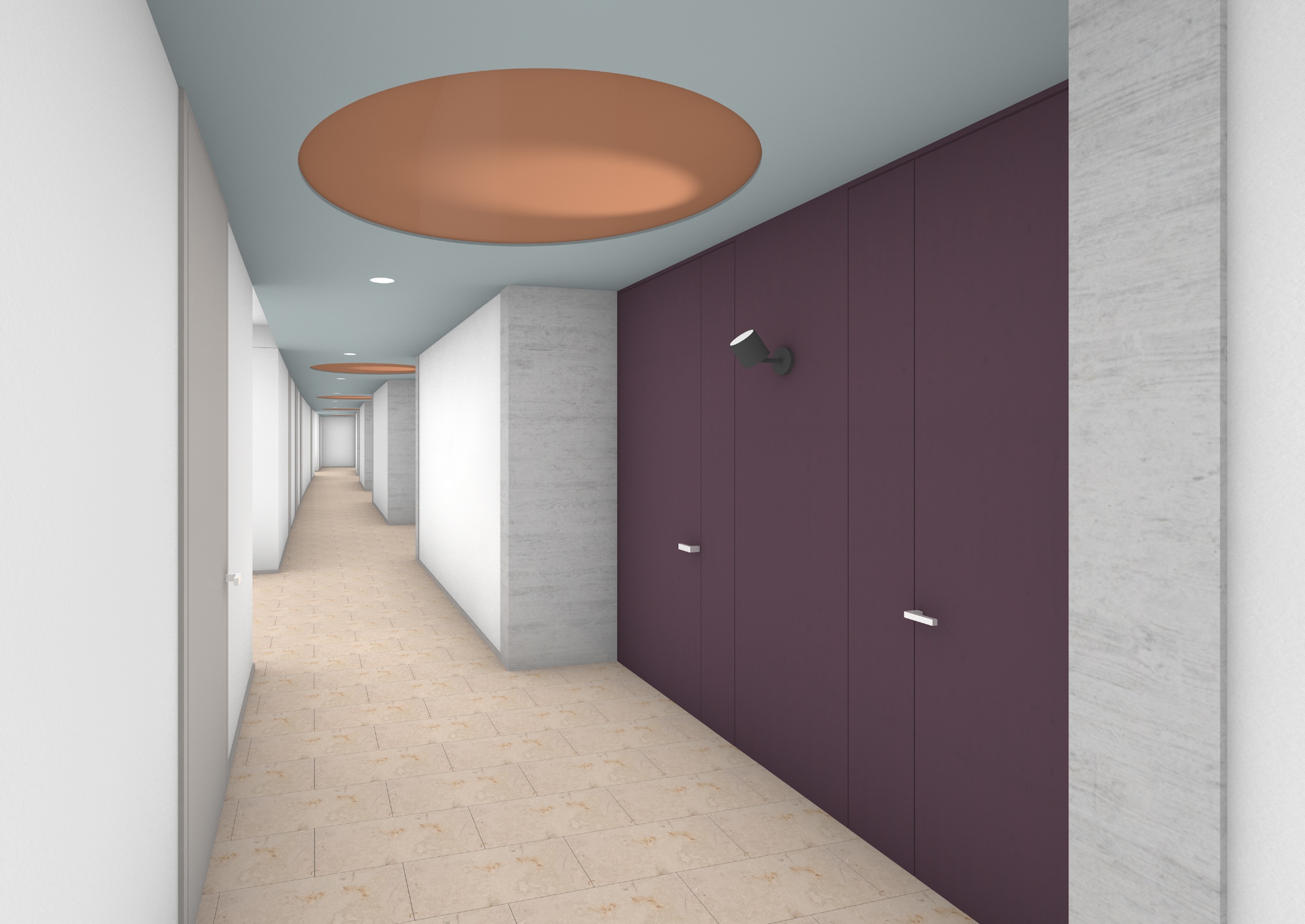 Visualisierung Korridor Bettengeschoss, Projekt Lighthouse 2023